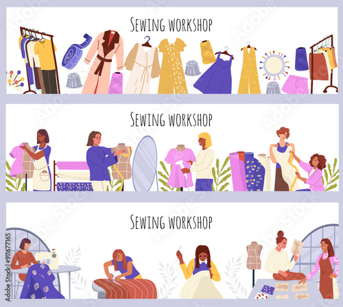 Web banner template with sewing design, Flat vector hand drawn illustration.