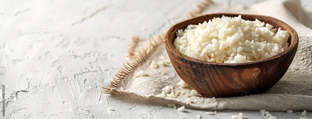 wide side view background cover image of boiled white rice in a natural dark color wooden bowl on a jute fabric and white background wide side view background cover image of boiled white rice in a natural dark color wooden bowl on a jute fabric and white background