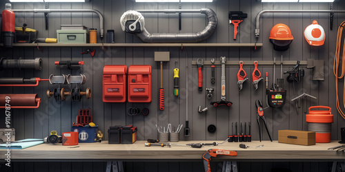 A clean and organized workspace of a plumber, featuring a workbench with neatly arranged tools, various pipe fittings, and safety gear hanging on the wall. photo