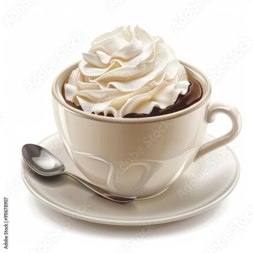 Coffee cup with whipped cream, decadent presentation, photorealistic, isolated on white background