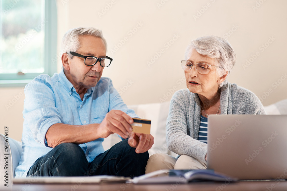 Old couple, credit card or investment on laptop for banking app with elderly husband or wife in home. Mortgage, household bills or people with retirement savings growth, insurance payment or password Old couple, credit card or investment on laptop for banking app with elderly husband or wife in home. Mortgage, household bills or people with retirement savings growth, insurance payment or password