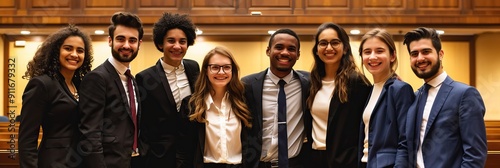 Diverse Group of Smiling Law Students in Courtroom Setting