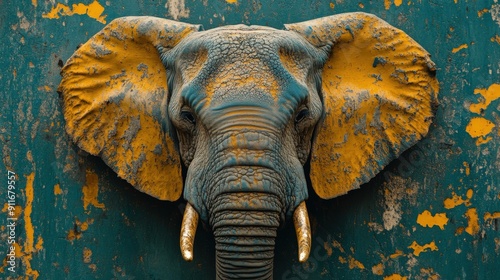 Textured green, tan, and blue surface with majestic elephant influences, showcasing accurate topography and vibrant yellow and orange accents captured with a steinheil quinon 55mm f/1.9 lens photo