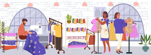 Hand drawn sewing studio, measures for sewing composition, product sewing space, creative space, loft with windows, hand drawn, vector.