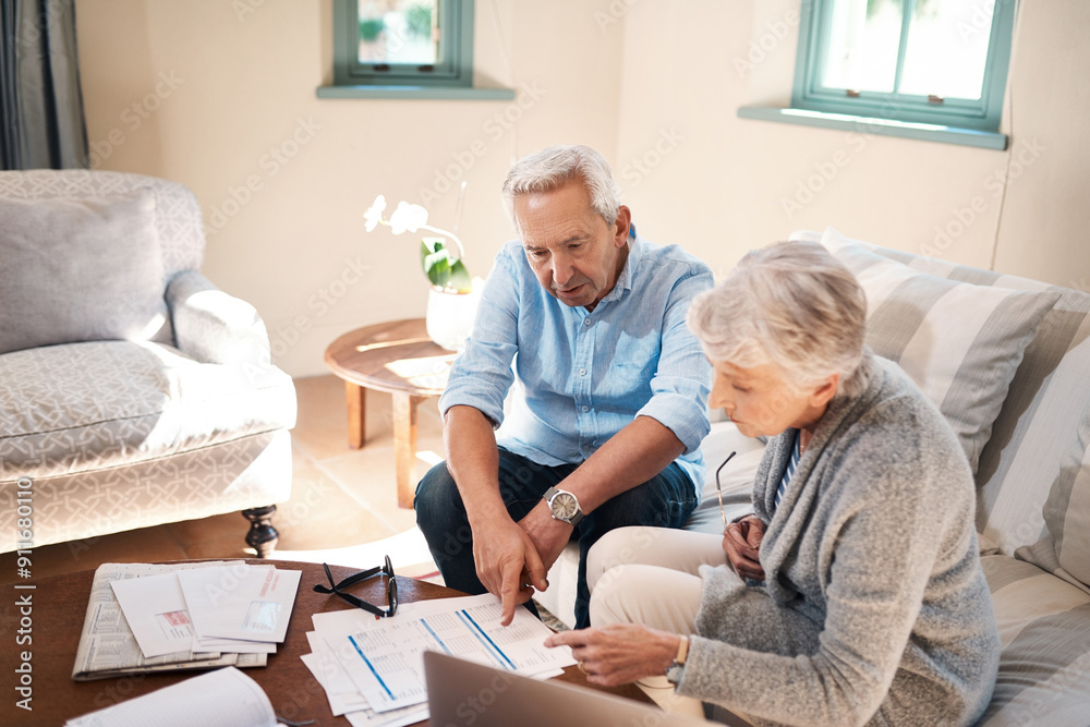 Old couple, paperwork and investment with policy summary elderly husband and wife on couch in home. Planning, report or senior people reading retirement savings growth, insurance fund or documents Old couple, paperwork and investment with policy summary elderly husband and wife on couch in home. Planning, report or senior people reading retirement savings growth, insurance fund or documents