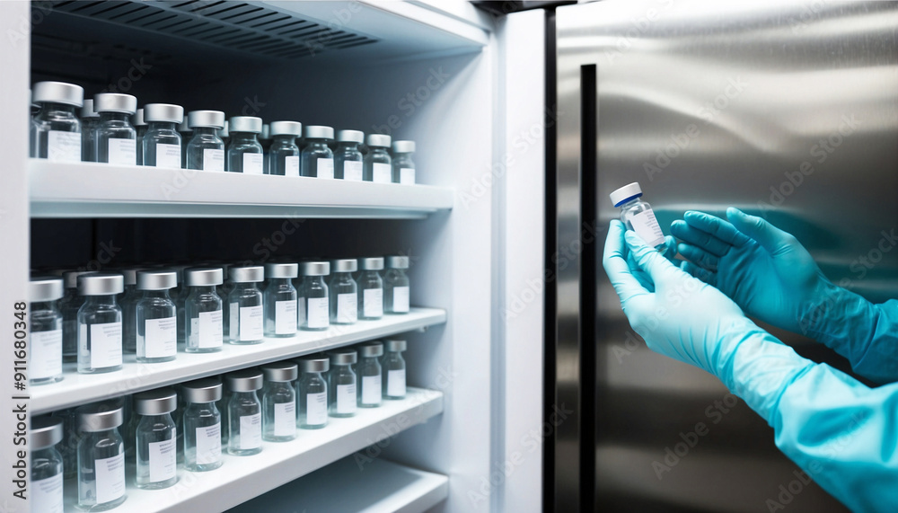 A Laboratory Technician Examining Vaccine Vials in a Well-Organized Medical Refrigerator for Clinical Use A Laboratory Technician Examining Vaccine Vials in a Well-Organized Medical Refrigerator for Clinical Use