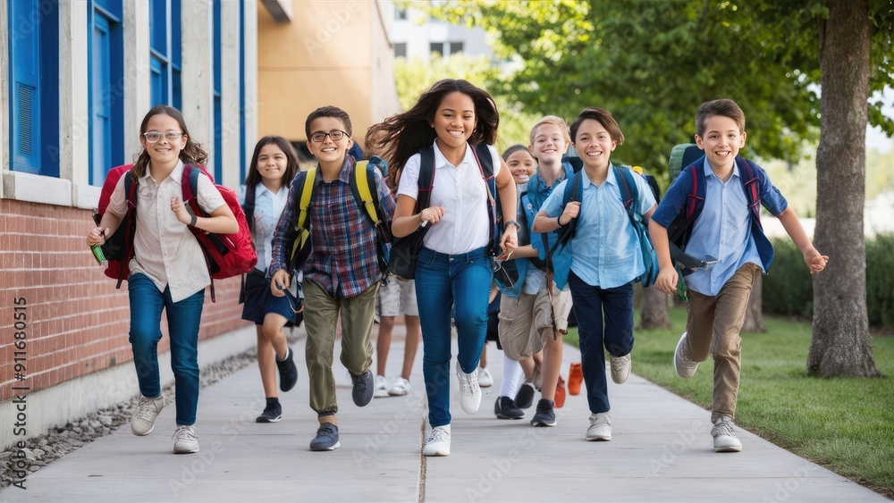 Happy Multiracial Schoolmates Running to School Building for Classes Happy Multiracial Schoolmates Running to School Building for Classes