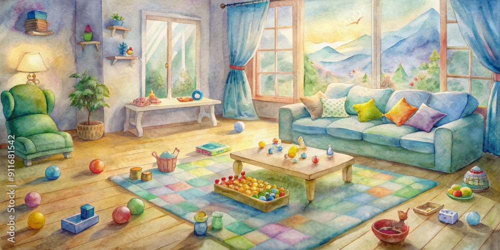 Fototapeta premium Cozy living room with scattered board games, colorful toys, and snacks, conveying warmth and joy of a happy family's leisure time at home.