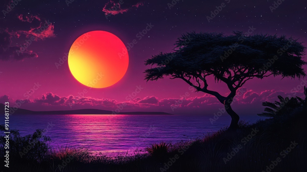 Naklejka premium Serene African Sunset: Photorealistic View with Tree, Purple Sky, Red Sun, Yellow Moon, and Blue Sea