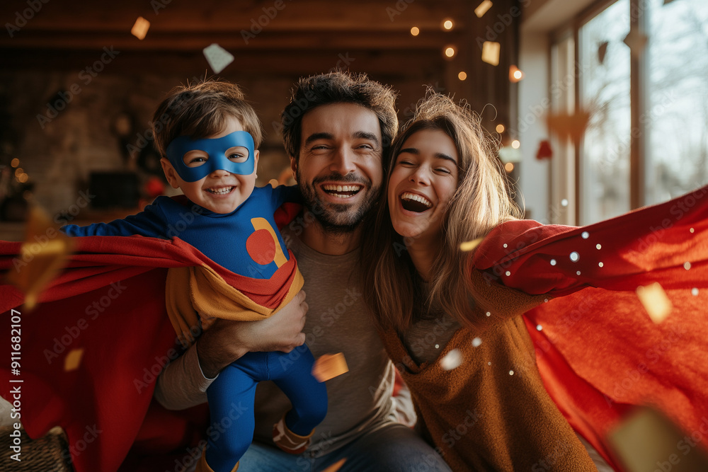 Family Celebrating with Young Child in Superhero Costume Indoors Family Celebrating with Young Child in Superhero Costume Indoors