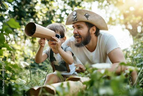 Caucasian Father and Son Dressed as Pirates Exploring Outdoors with Telescope photo