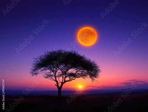 Serene African Sunset: Beautiful Tree Silhouette with Vibrant Colors and Moon Halo