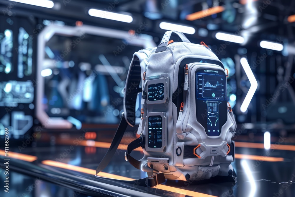 Futuristic Tech Backpack with Advanced Storage in High-Tech Digital Interface Setting Futuristic Tech Backpack with Advanced Storage in High-Tech Digital Interface Setting