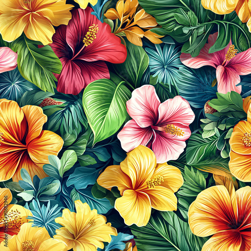 Tropical Paradise - Seamless Vibrant Floral Pattern with Bold Colors and Lush Greenery for Exotic Touch