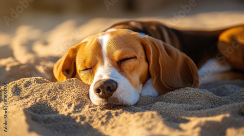 A dog is laying on the beach, looking out at the ocean