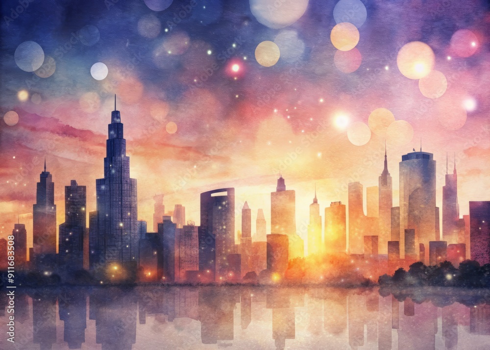 Silhouetted metropolis skyline at vibrant sunset, bokeh lights create a dreamy atmosphere, symbolizing unity, success, and teamwork in a thriving business environment. Silhouetted metropolis skyline at vibrant sunset, bokeh lights create a dreamy atmosphere, symbolizing unity, success, and teamwork in a thriving business environment.