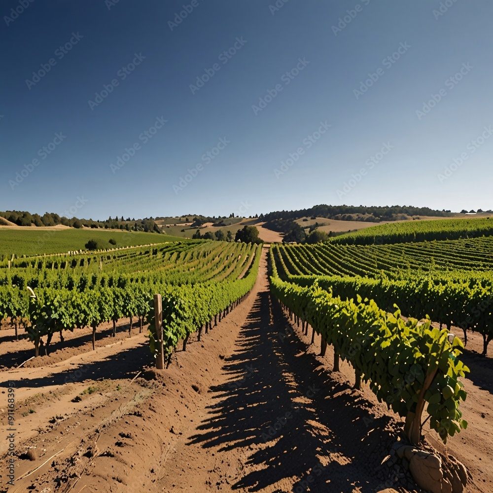 Fototapeta premium A picturesque vineyard with rows of grapevines stretching to the horizon under a clear blue sky
