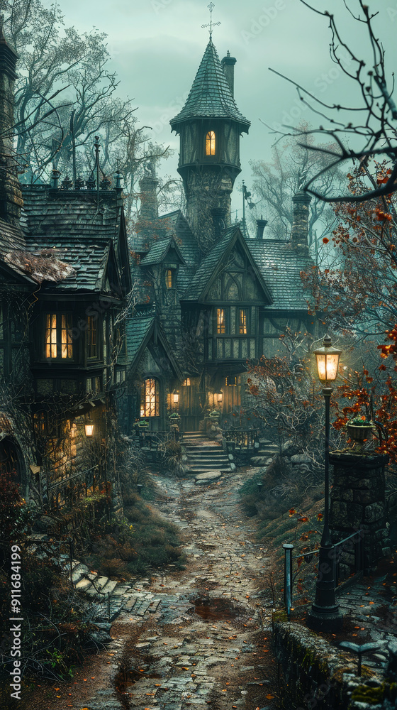 Obraz premium Mysterious Haunted House in Foggy Forest with Dim Streetlight on Misty Autumn Evening