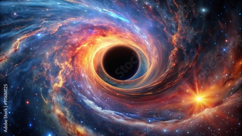 Cosmic Vortex Digital Illustration of a Black Hole in a Star-Filled Galaxy, black hole, space, galaxy, nebula