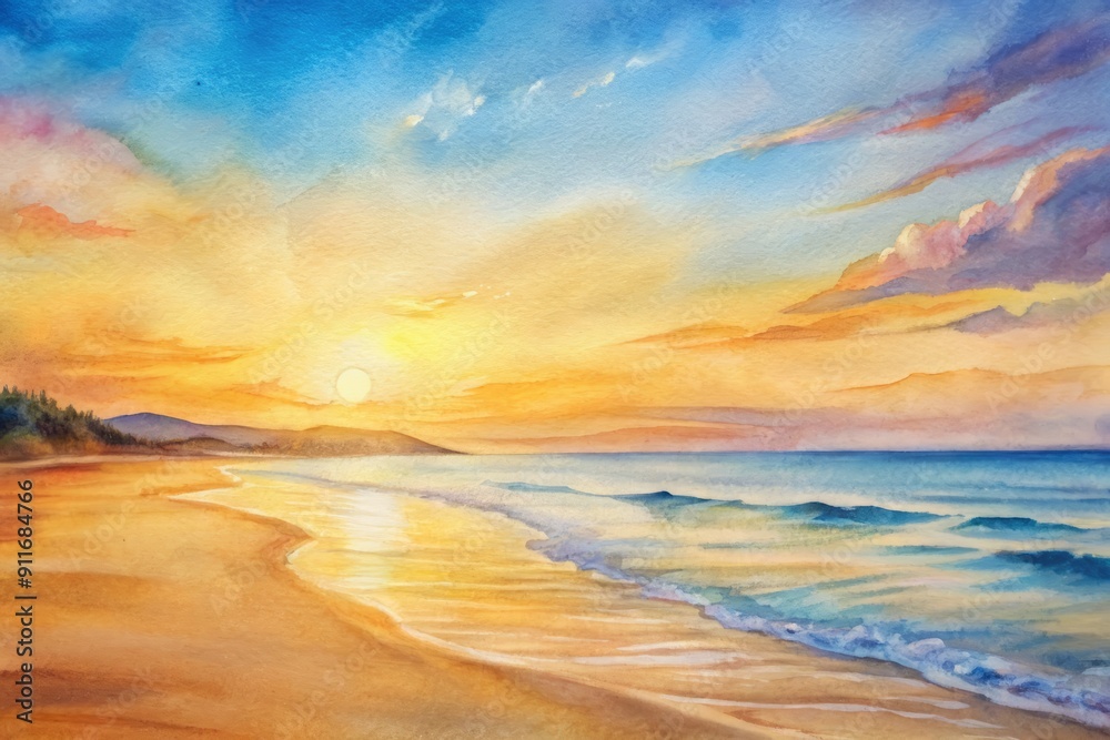Warm golden light of sunset casts a serene atmosphere on a tranquil beach, empty of people, with gentle waves and a clear blue sky. Warm golden light of sunset casts a serene atmosphere on a tranquil beach, empty of people, with gentle waves and a clear blue sky.