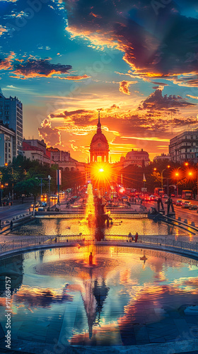 Breathtaking Bucharest Sunset Over Unirii Square with Illuminated Fountains and Vibrant Cityscape Reflections in Romania