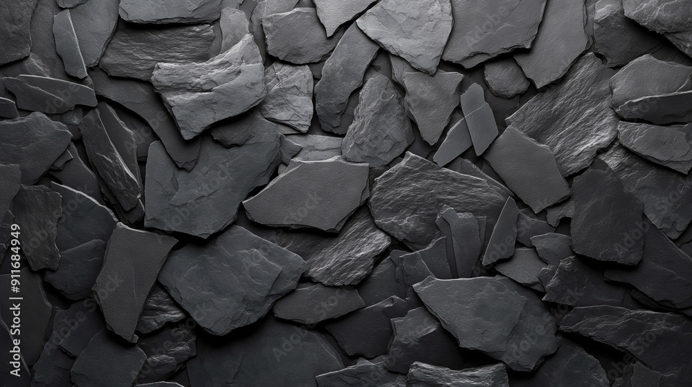 A black and gray stone wall with many pieces of stone A black and gray stone wall with many pieces of stone