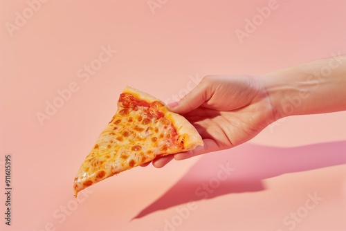 A hand holding a slice of cheese pizza against a soft pink background in bright lighting