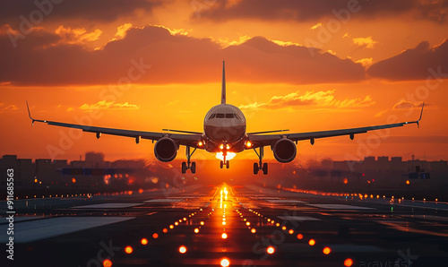 Golden Hour Airliner Take Off at Sunset, Vacation Jet Plane on Runway, Stunning Warm-Sky Background, Tranquil and Inspiring Travel Concept, Perfect Timing Scenic Flight Experience