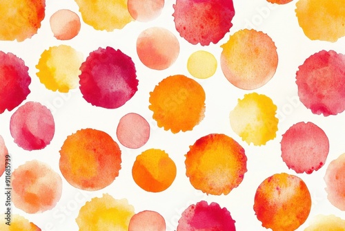 Bright sun patterns made of colorful watercolor dots. Circular sun illustrations in vibrant shades of orange, red, and yellow on a light background. Warm tropical tones for a lively touch photo