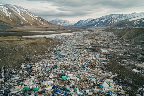 A bird's eye view of a vast garbage field overflowing with plastic waste and debris, stretching over a wide landscape with distant mountains on the horizon photo