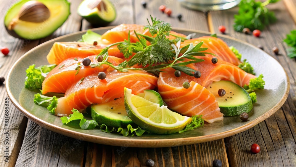 Fresh Salmon with Avocado, Lime, and Herbs on a Rustic Wooden Table, food, seafood, appetizer, healthy Fresh Salmon with Avocado, Lime, and Herbs on a Rustic Wooden Table, food, seafood, appetizer, healthy