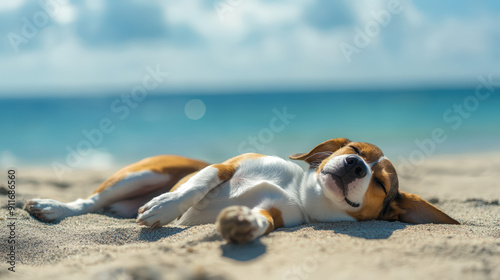 A dog is laying on the beach, looking out at the ocean