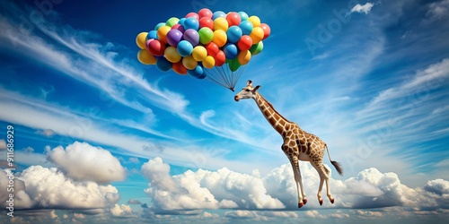 Giraffe Soaring Through the Sky With Balloons, colorful balloons, giraffe, clouds, blue sky , balloons, giraffe