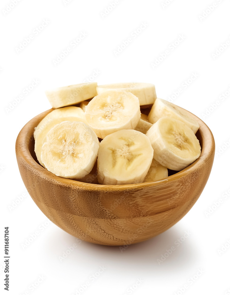 sliced banana in wooden bowl isolated on white background sliced banana in wooden bowl isolated on white background