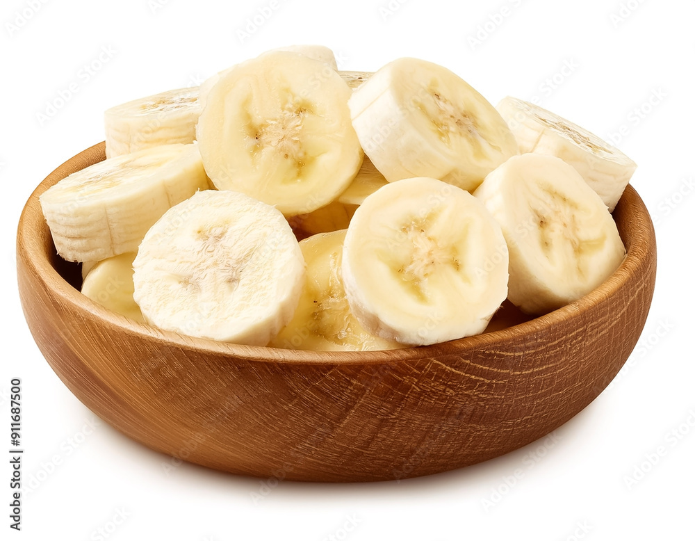sliced banana in wooden bowl isolated on white background sliced banana in wooden bowl isolated on white background