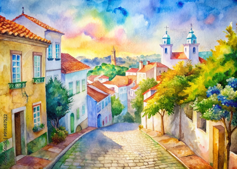 Fototapeta premium Vibrant summer scene in Portugal, narrow cobblestone streets, colorful tiles, and historic architecture set the backdrop for adventure in this charming European cityscape.
