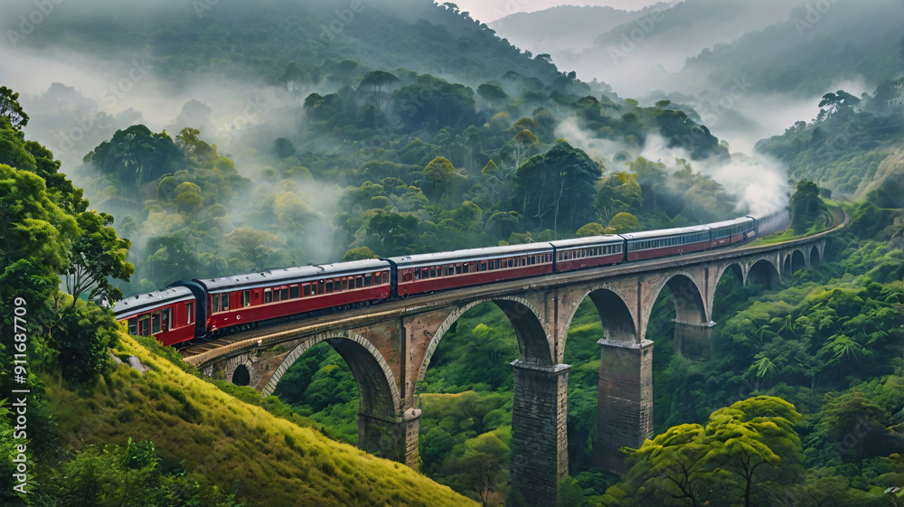 Fototapeta premium Train Crossing a Bridge in a Jungle Forest