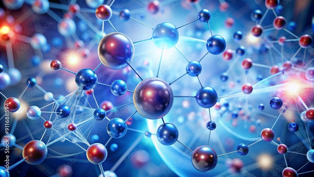 Interconnected Molecular Structure with Blue and Red Spheres, 3D Rendering, Abstract, Science, Atom, Network, Connection Interconnected Molecular Structure with Blue and Red Spheres, 3D Rendering, Abstract, Science, Atom, Network, Connection