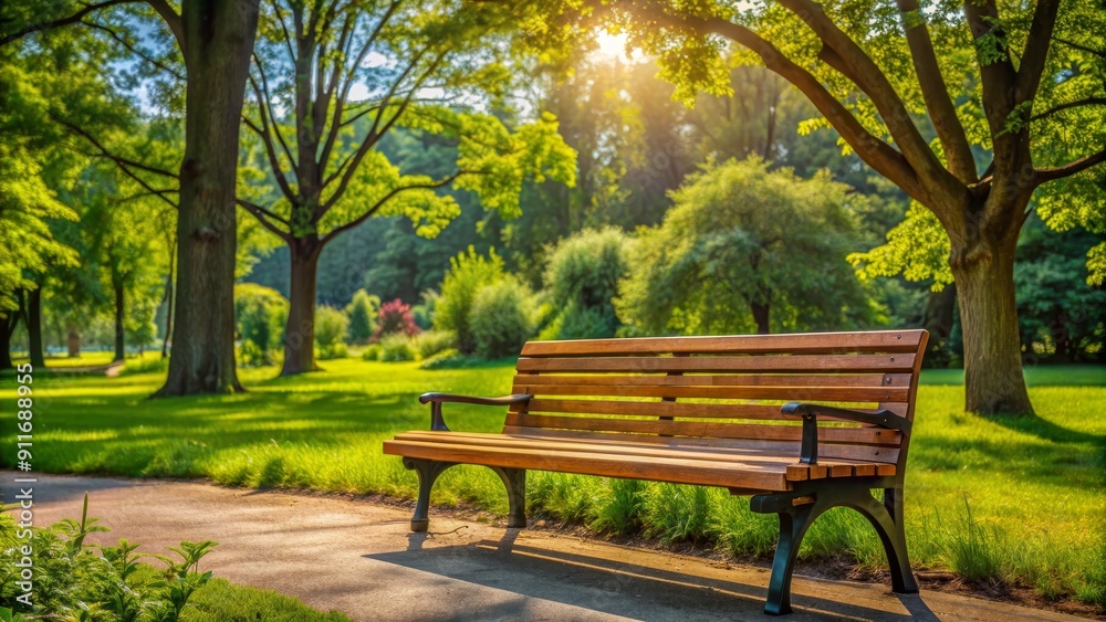 Lonely Bench in a Sunlit Park, Landscape, Nature, Tranquility, Green Lonely Bench in a Sunlit Park, Landscape, Nature, Tranquility, Green