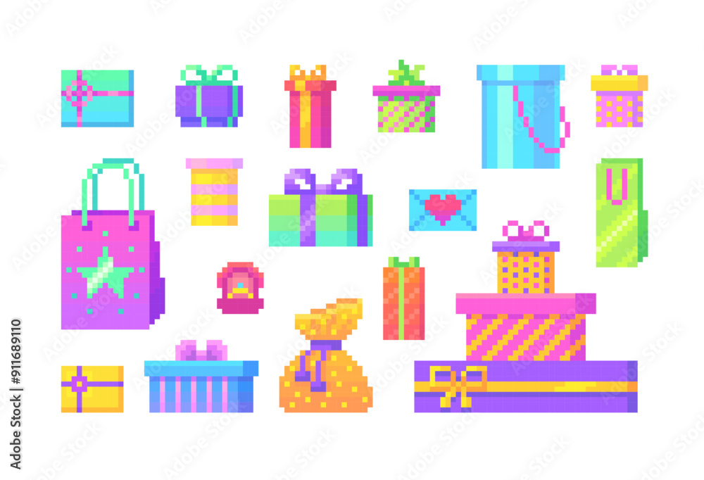 Pixel art set of presents on holidays events. Pixelated gift boxes, 8 bit retro style vector illustration Pixel art set of presents on holidays events. Pixelated gift boxes, 8 bit retro style vector illustration