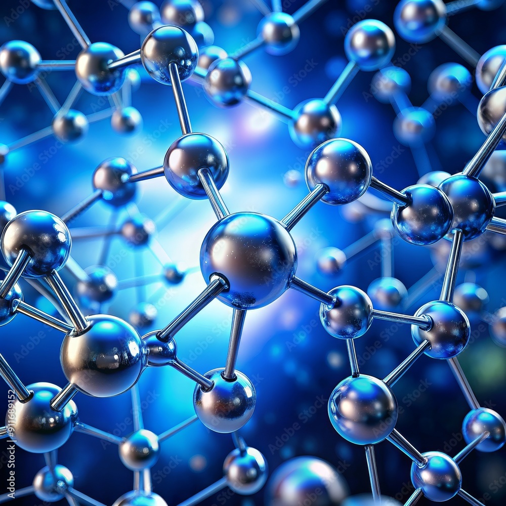 Metallic Molecular Structure on Blue Background, science, chemistry, atoms, molecule Metallic Molecular Structure on Blue Background, science, chemistry, atoms, molecule
