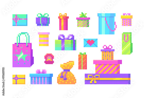 Pixel art set of presents on holidays events. Pixelated gift boxes, 8 bit retro style vector illustration