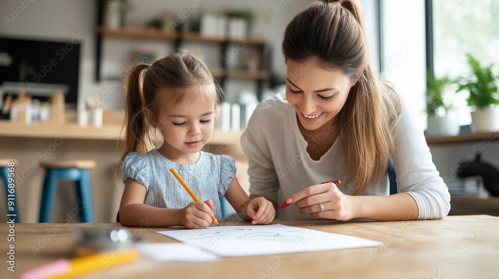 Mother and daughter bonding while drawing together at a cozy home. Engaging in creative and educational activities, creating memories. Mother and daughter bonding while drawing together at a cozy home. Engaging in creative and educational activities, creating memories.