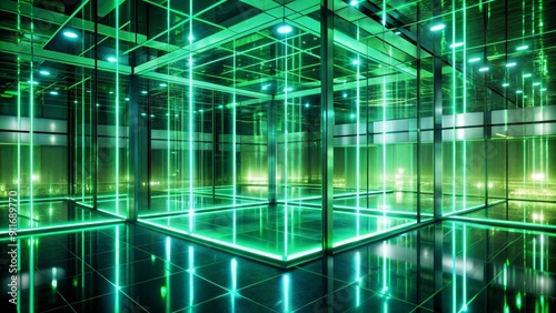 Neon Green Reflections in a Glass Cube, Neon Lights, Green, Interior Design , Architecture