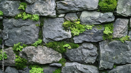 Stone wall with a pattern of moss growth, displaying a natural interplay of green and gray tones, highlighting the textural contrasts and weathering effects