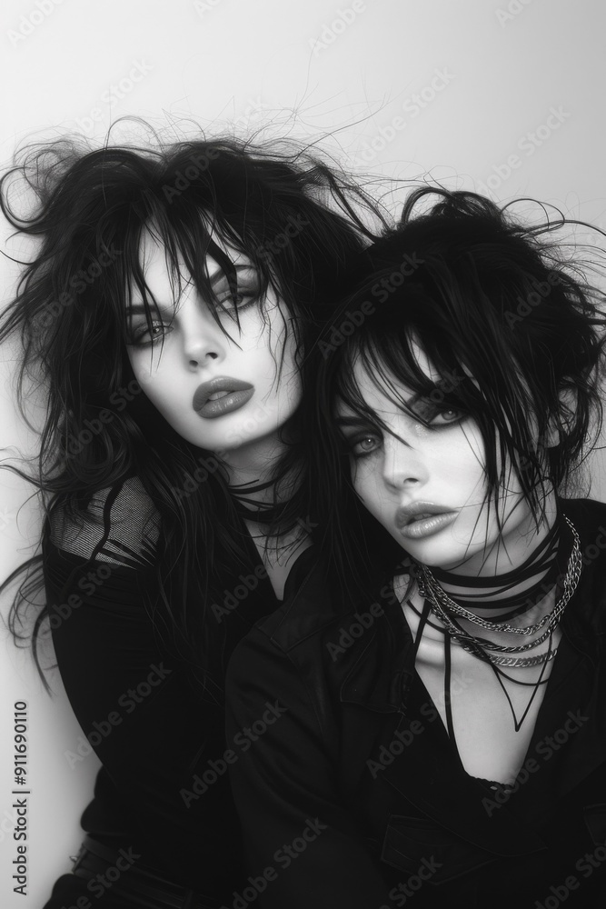Brunette Goth punk style inspired women, fashion and make-up shoot black and white Portrait. Gothic, Goth, Emo, New Wave, Dark style fashion. Dark smokey make. Dramatic. Elegant. Retro. Brunette Goth punk style inspired women, fashion and make-up shoot black and white Portrait. Gothic, Goth, Emo, New Wave, Dark style fashion. Dark smokey make. Dramatic. Elegant. Retro.
