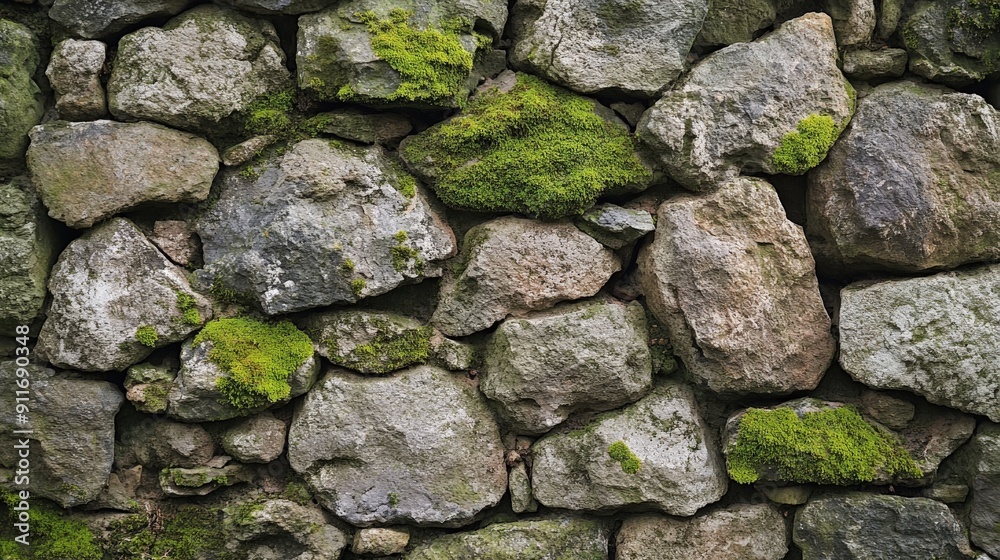 Ancient stone wall covered in a pattern of moss, with varied stone sizes and natural textures, highlighting a timeworn and earthy appearance Ancient stone wall covered in a pattern of moss, with varied stone sizes and natural textures, highlighting a timeworn and earthy appearance
