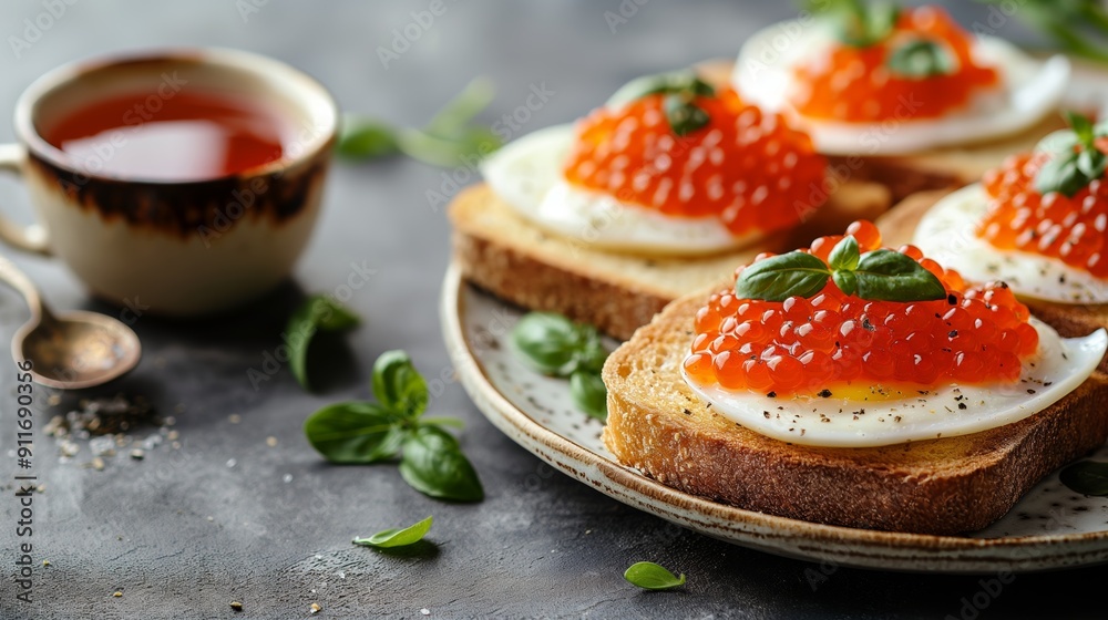 Fried eggs with caviar on toast, garnished with basil, served with a cup of tea on a rustic plate.