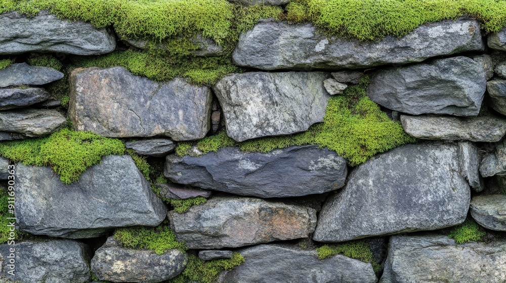 Detailed stone wall surface pattern with lush, green moss growing between rugged stones, showcasing a rich texture and natural weathering Detailed stone wall surface pattern with lush, green moss growing between rugged stones, showcasing a rich texture and natural weathering