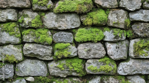 Ancient stone wall covered in a pattern of moss, with varied stone sizes and natural textures, highlighting a timeworn and earthy appearance